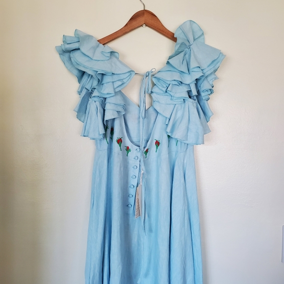 🌹FANM MON🌹Light Lagoon Demre Linen Embroidered Maxi Dress Ruffle Sleeve - Picture 5 of 10